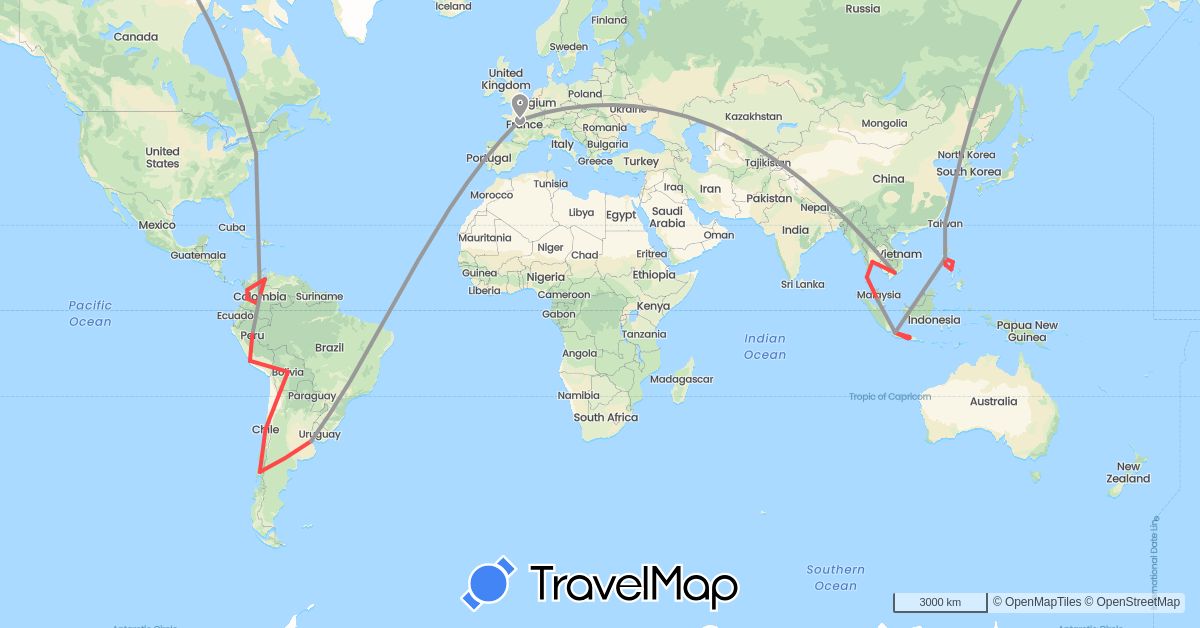 TravelMap itinerary: driving, plane, hiking in Argentina, Bolivia, Chile, Colombia, France, Indonesia, Cambodia, Malaysia, Peru, Philippines, Thailand, Taiwan, United States, Venezuela, Vietnam (Asia, Europe, North America, South America)
